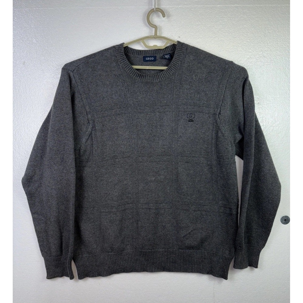 Izod Sweater Mens XL Gray Logo Crew Neck Long Sleeves Pullover Casual Golf